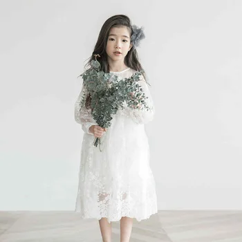

Spring and autumn new girls baby 5-11 years old children's clothing girls 8 points sleeves white lace dress children's long dres