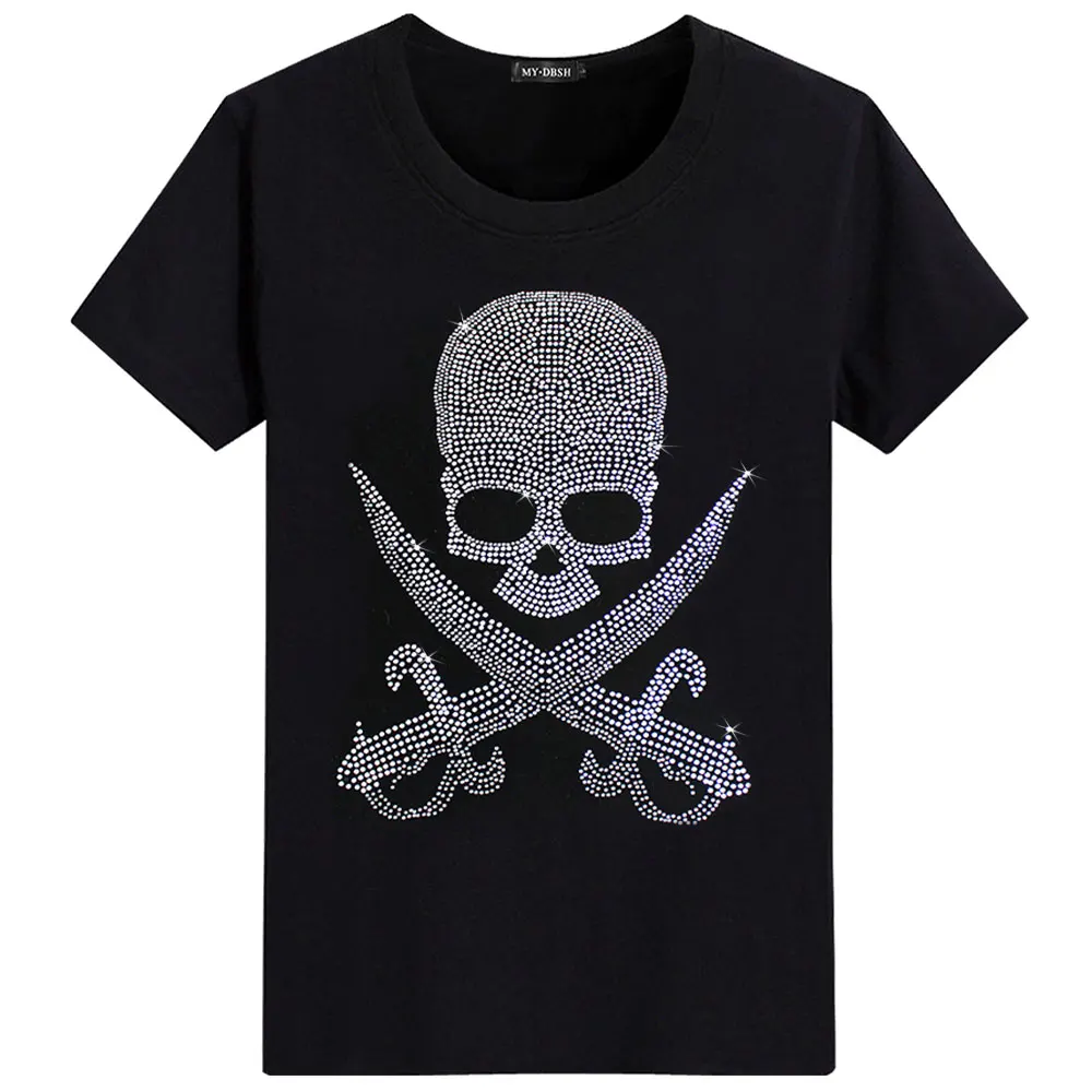 Летние мужские футболки с коротким рукавом с блестящим черепом, горячая буровая Футболка мужская повседневная футболка с черепами азиатского размера - Цвет: T003-O-Black