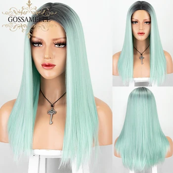 

Gossamelle Ombre Green None Lace Wigs With Dark Roots Long Straight Synthetic Wigs For Women Heat Resistant Fiber