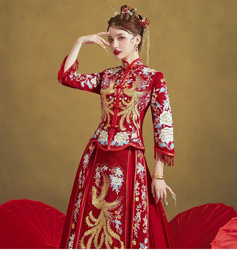 Chinese Traditional Wedding Suit Men Women Long Cheongsam Dress Stylish Elegant Bride Dragon Phoenix Vintage китайская одежда
