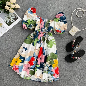 

beach holiday style women blouse puff sleeved square collar slim pleated lady elegant knee-length shirts top quality