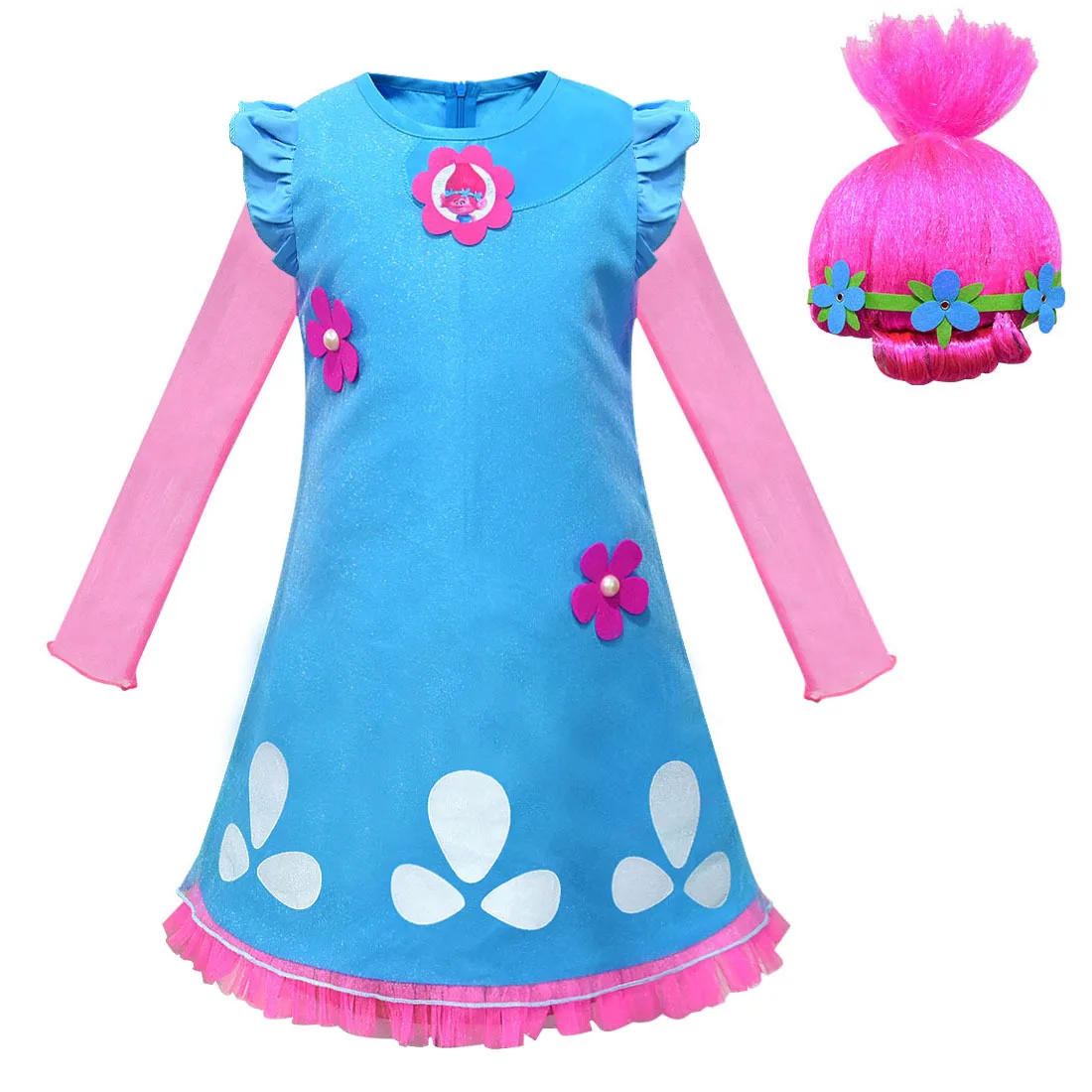2021Kids Costumes Girls Dresses Trolls Poppy Costume Dress For Halloween for Kids Carnaval Fancy Girl Wig | Тематическая одежда и