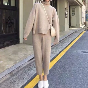 

2019 New Autumn Winter Woman Sets Two Piece Set Pullovers Pants Lounge Wear Knitting Split Minimalist Style