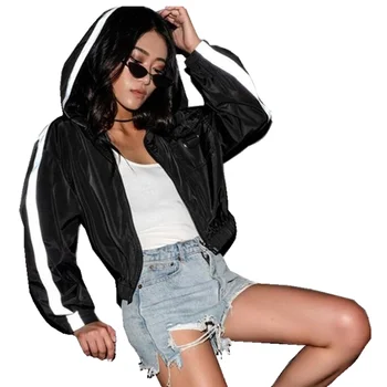 

Women Black Jacket 2019 Hooded Striped Windbreaker Jacket Crop Zipper Black Casual Long Sleeves Coats Streetwear Outwear Short