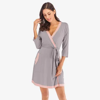 

V-Neck Patchwork Lace up Women Nightgown Half Sleeve Pocket Female Sleep Robe 2020 Spring Elegant Lady Homewear Mini Nightdress