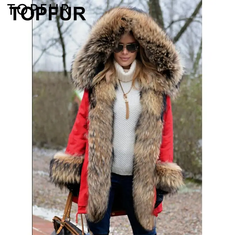 Женская Повседневная парка с натуральным мехом енота красная капюшоном и