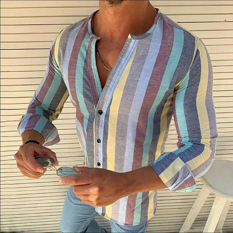 Новейшая Мужская модная разноцветная полосатая рубашка с принтом, Повседневная приталенная рубашка с длинными рукавами и квадратным воротником для отдыха, Мужская одежда для офиса(верх