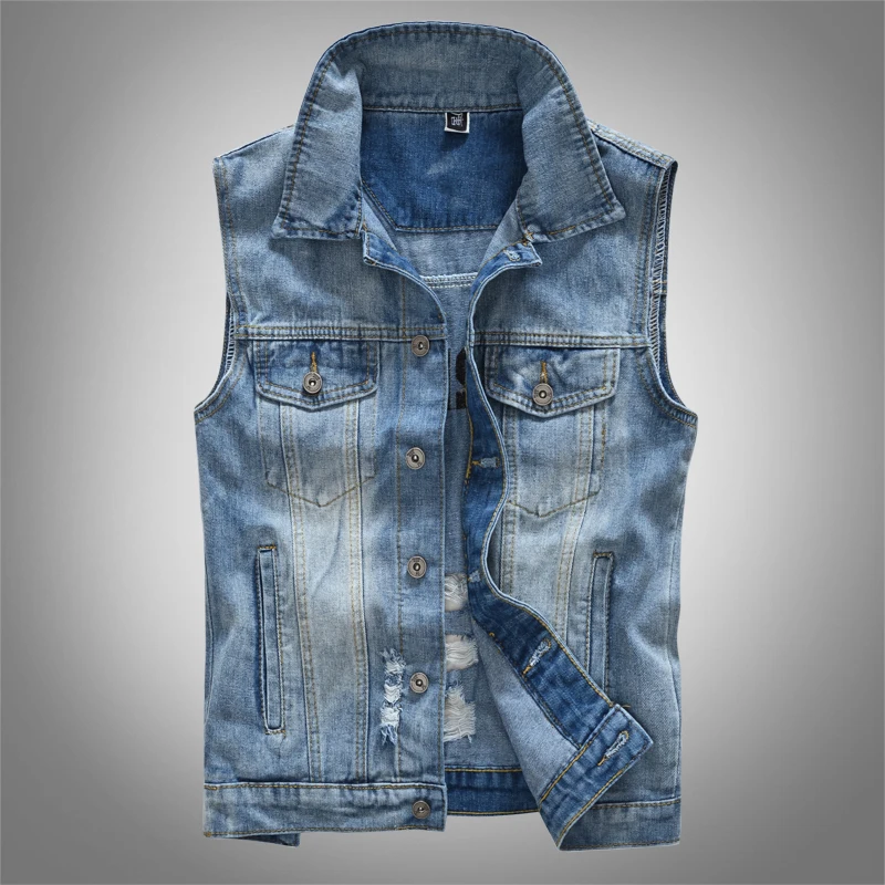 

American Streetwear Fashion Men Vest Blue Color Embroidery Designer Ripped Sleeveless Jacket Men Hip Hop Denim Biker Vest Hombre