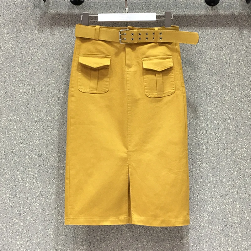 

Summer Woman Red Black High Waist Placket Stretch Pencil Denim Skirt with Belt , Womens Pockets Green Yellow Slim Jeans Skirts