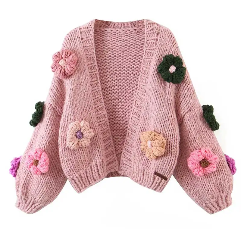ANUFER Damen Strickjacke – V-Ausschnitt, Blumen-Häkeln-Muster, Knopfleiste, Langarm, Bequem