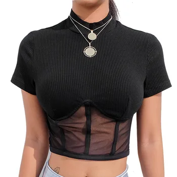 

Summer Patchwork Black Mesh Ladies T Shirt Casual Harajuku Short Sleeve T-Shirt Women Sexy Party Streetwear Crop Tops Tees