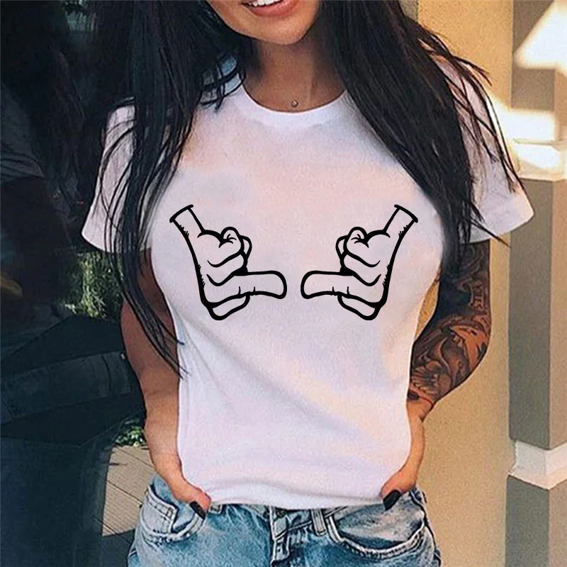 Summer New Fashion Middle Finger Chest  Graphic Printed  Round Neck  T Shirt  Casual Simple Women Tee Tops off white t shirt Tees