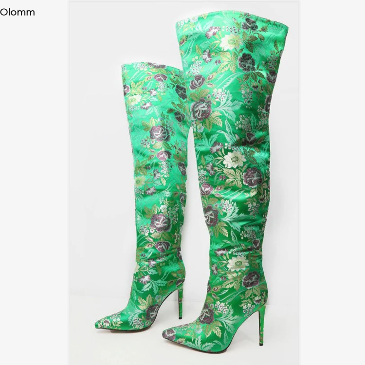 Женские сапоги выше колена Olomm черные зеленые на шпильке с острым носком вечерняя
