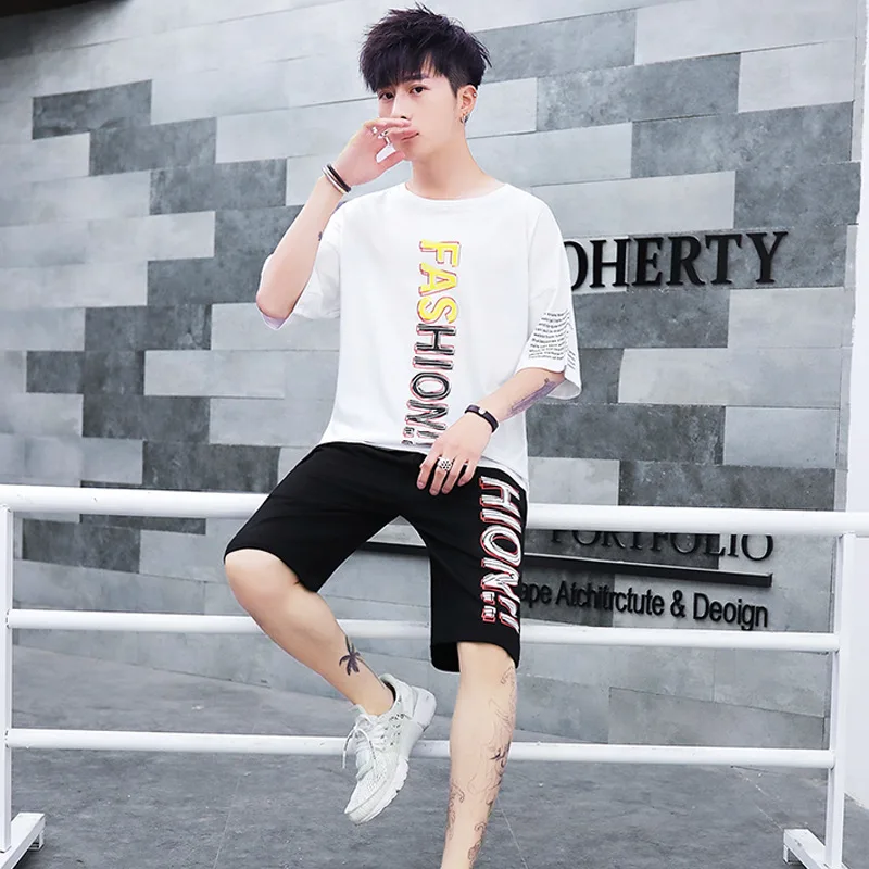 

13 Teenager Summer Set Men's 12 Early High School Student in 15 Trend Handsome Summer Wear Short Sleeve T-shirt Suit