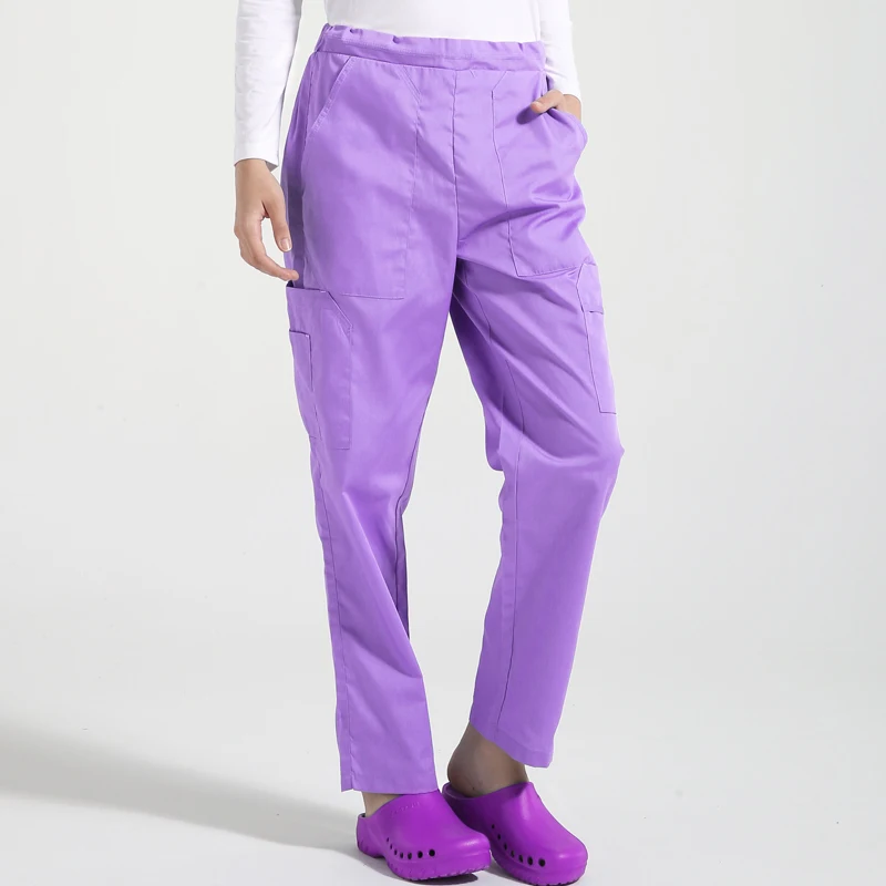 Women Men Scrub Pants Cotton Medical Uniforms Solid Color Trousers with Six Pockets Elastic Waistline and String Straight Pants