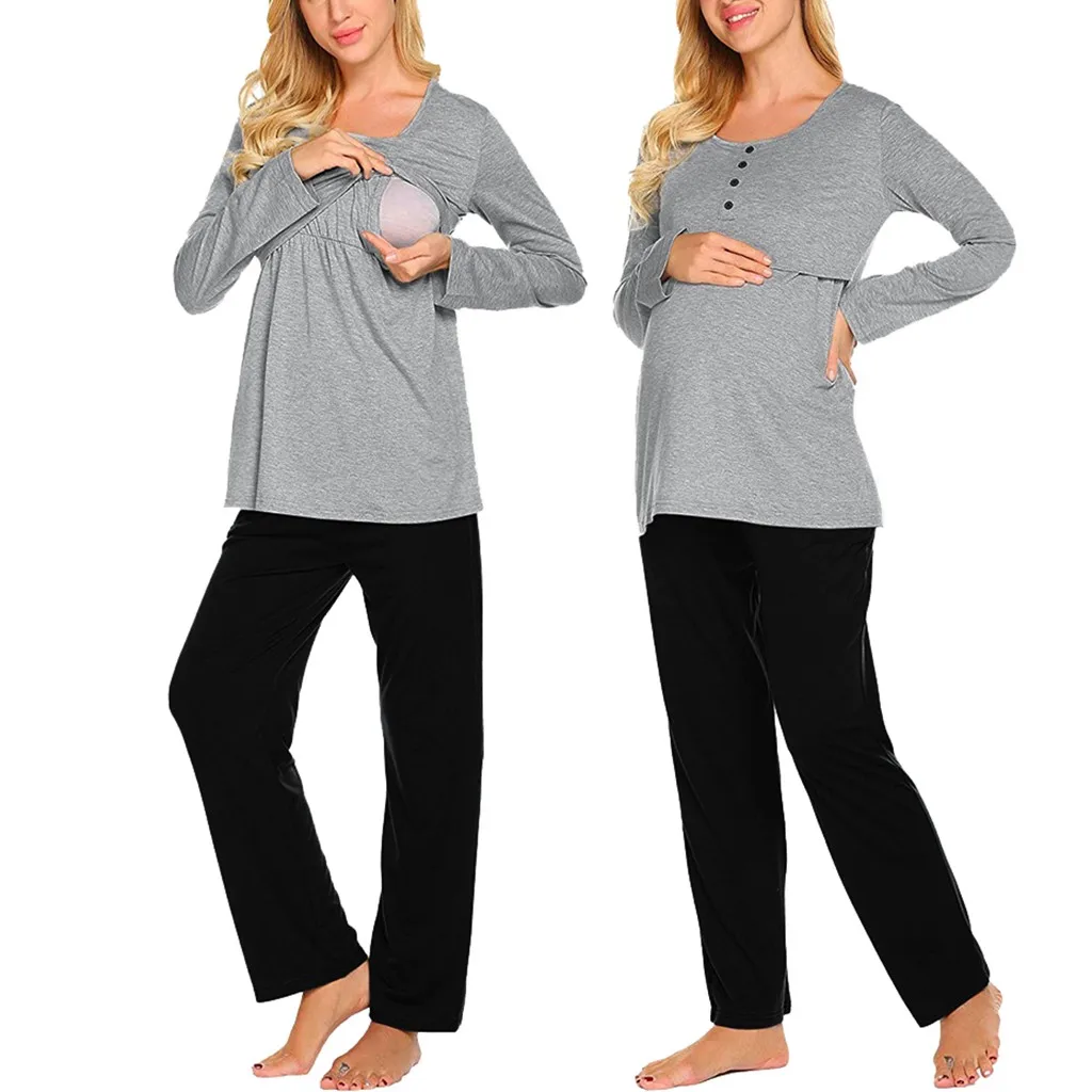 Пижамный комплект для кормящих женщин, зимняя ночная рубашка для кормления, топы и штаны, одежда для сна, пижама для беременных и матерей после родов, одежда 19Sep