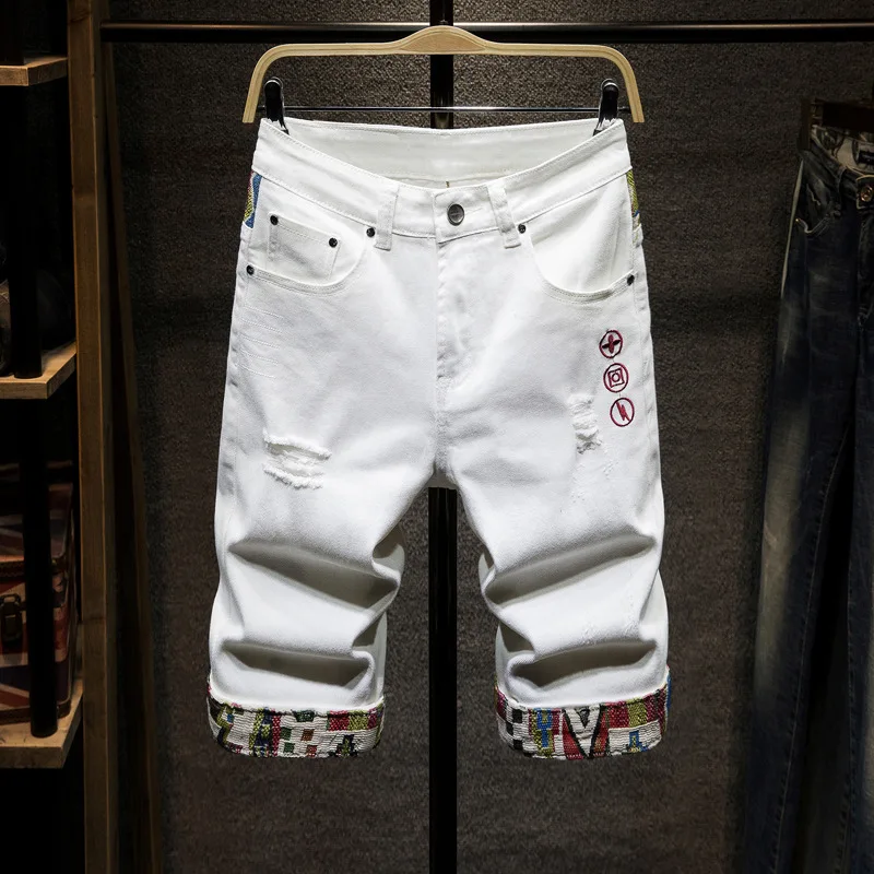 

Summer Denim Shorts Mens Trendy Embroidery Hole Cowboy Short Pants Elasticity Jeans Blue Man Clothes