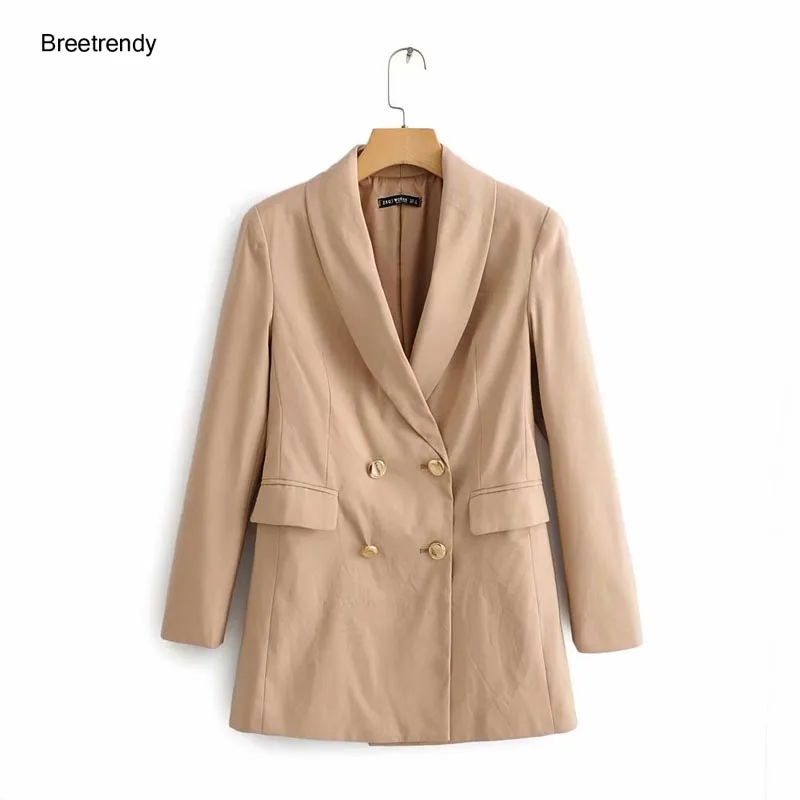 

WT907 Women Solid Color Elegant Double Breasted Gold Color Double Breasted Long Sleeve Blazer Outwear