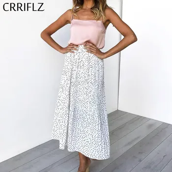 

CRRIFLZ Spring Autumn Polka Dot Pleated Skirt Women High Waist Pleated Mid Calf Linen Elastic Skirt 2020 New Promotions Lady