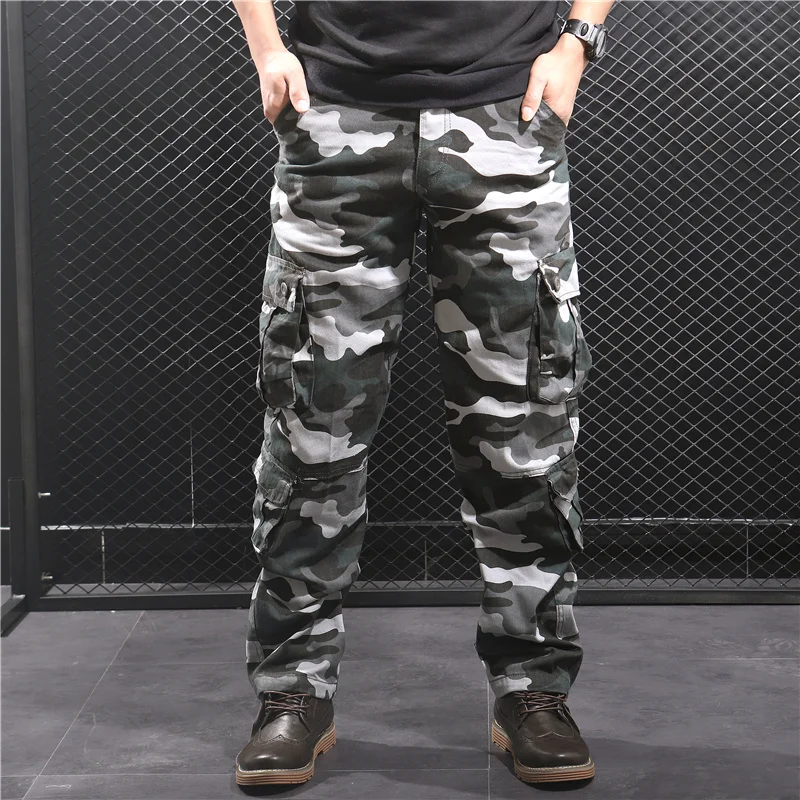 Мужские камуфляжные брюки, хлопковые военные брюки-карго, камуфляжные брюки с несколькими карманами, хип-хоп джоггеры, уличные комбинезоны, армейские брюки 44 - Цвет: Синий
