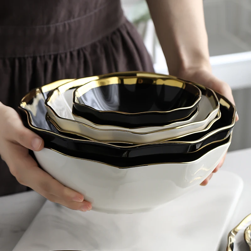 Белый черный золотой ободок керамическая тарелка фарфоровые тарелки для закуски роскошный говяжий десертный поднос миска для рисового супа ложка набор посуды
