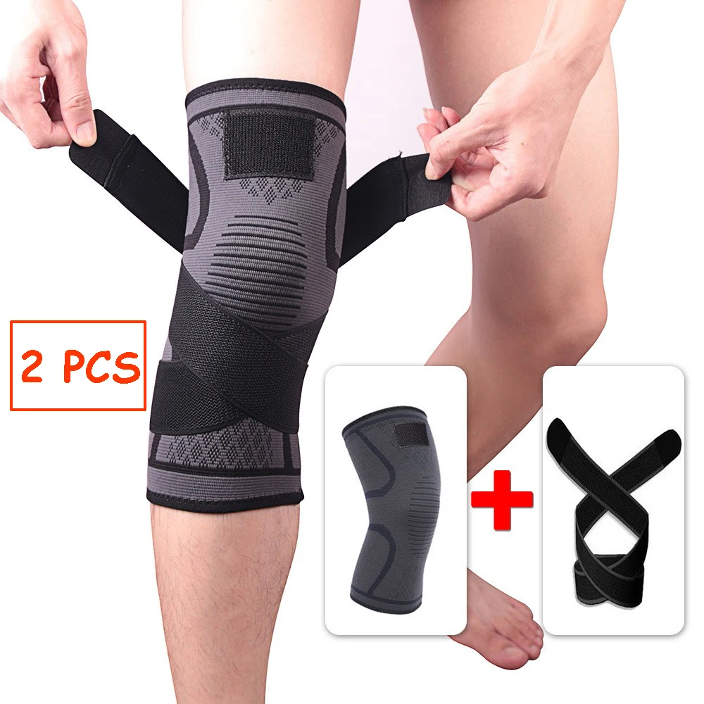 2PCS Gray Спортивная поддержка колена Регулируемые Наколенники Фитнес Спортивный коленный протектор Бандаж с ремешком для баскетбола Футбол Бег - Цвет: 2PCS Gray