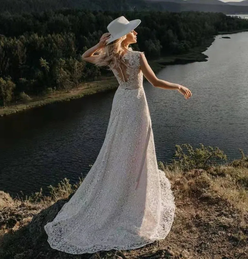 Винтажное пляжное кружевное свадебное платье в стиле бохо элегантное Тюлевое аппликации с коротким рукавом в богемном стиле Vestido De Noiva