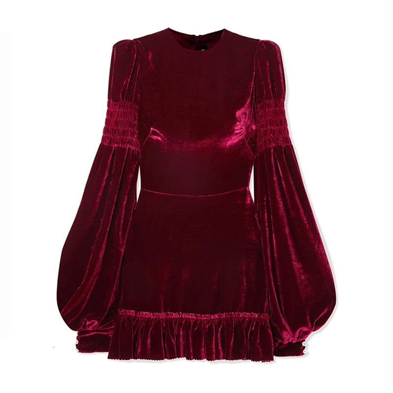 Cena TWOTWINSTYLE wzburzyć aksamitne damskie sukienki O Neck latarnia z długim rękawem wysokiej talii marszczona sukienka kobiet 2019 modna odzież fala