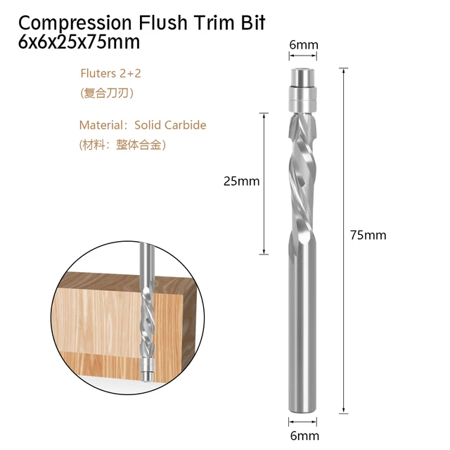 LA VIE 1 PC 6mm 6.35mm shank Solid Carbide Bearing Guided Two Flute Flush Trim Router Bits Woodworking milling cutters end mill 6mm compression