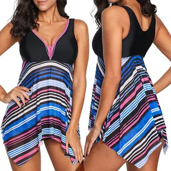 

Women Two Piece Swimdress Sexy V-Neck Colorful Stripes Asymmetric Tank Top with Boyshort Swimsuit Boxer Shorts Bathing Suit