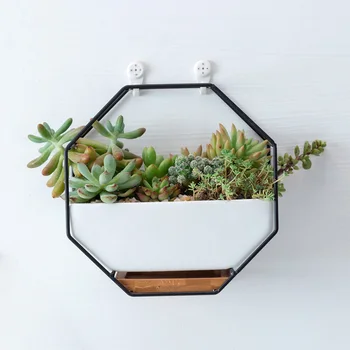 

Metal Iron Rack White Ceramic Planter Pot Simple Octagonal Geometric Wall Hanging Ceramic Flower Pot Bamboo Tray Iron Frame