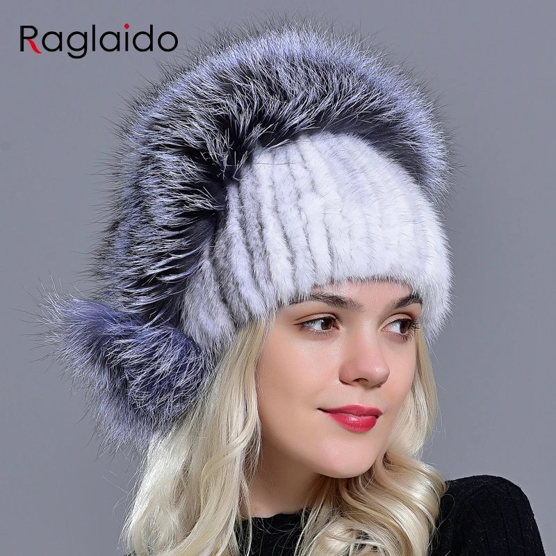 Raglaido женская шапка зимняя модная норка меховые шапки вязаный природный натуральный мех лисий помпон теплая шапка пушистая стильная уличные шляпы для девочек