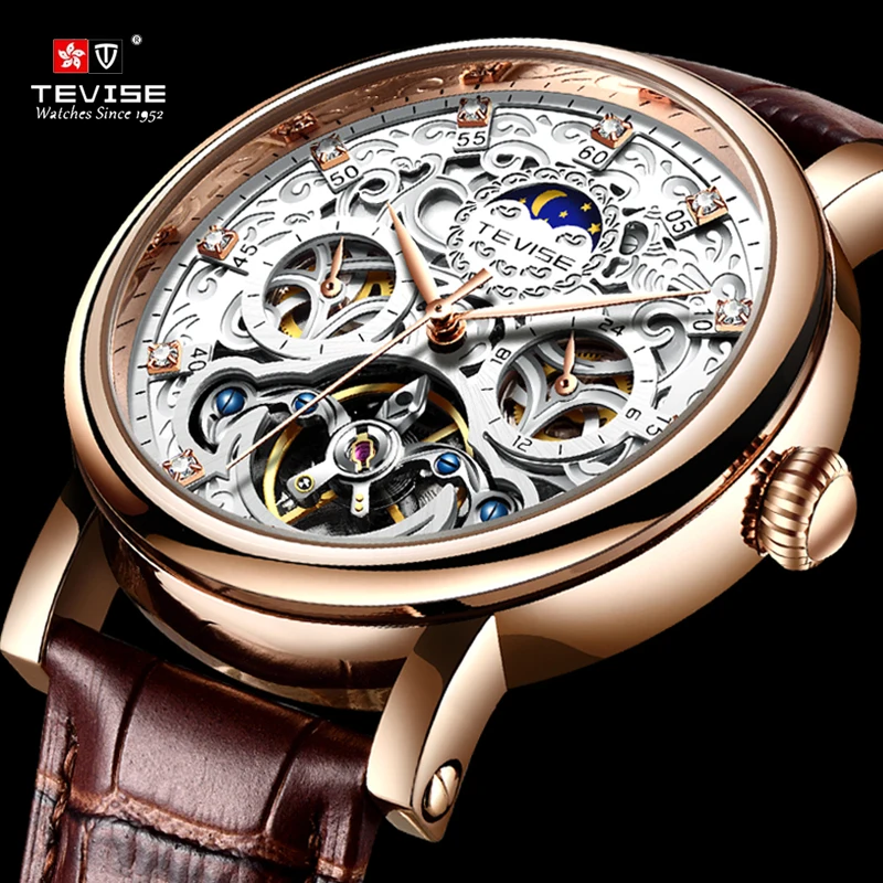 TEVISE New Mens Watches Top Brand Luxury Genuine Leather Automatic Mechanical Tourbillon Clock Waterproof Sport for Men | Наручные часы