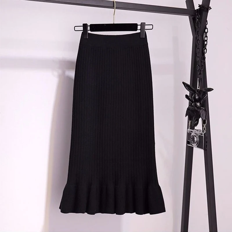 65cm-Black Женская Осенняя трикотажная юбка русалки, высокая талия, теплая, элегантная, с оборками, Вязанная, в рубчик, юбки, женские, зимние, теплые, юбки для вечеринок - Цвет: 65cm-Black