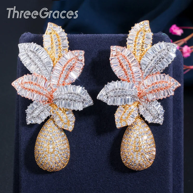 ThreeGraces Gorgeous 18k Gold Cubic Zirconia Stone Paved Nigerian Wedding Jewelry Long Drop Dangle Leaf Earrings for Women ER365 | Украшения