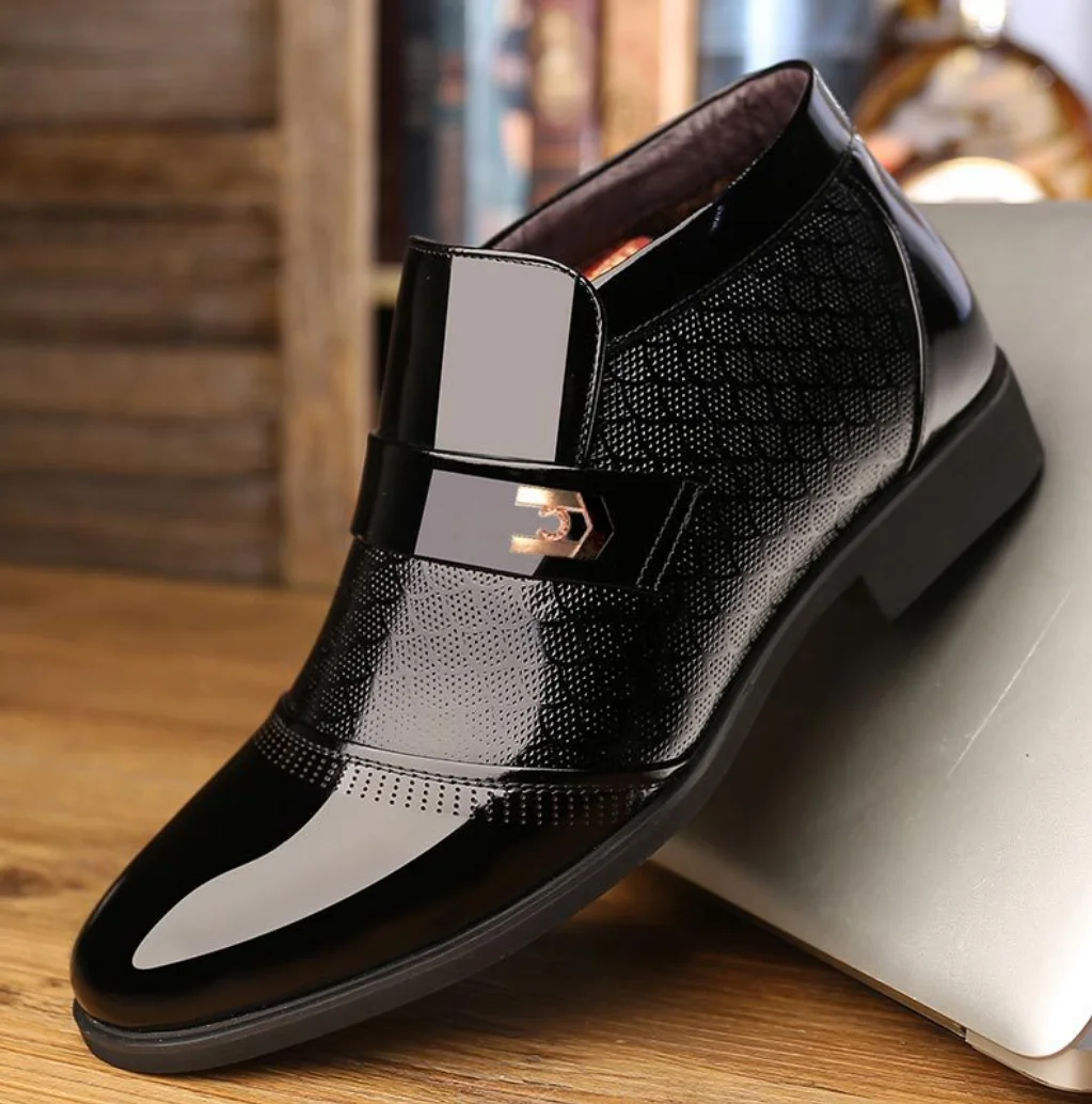 Luxury Patent Leather Business Chelsea Boots Men Winter Ankle Boot Men Thick Artificial Fur Snow Boots Hombre Dress Leather Shoe