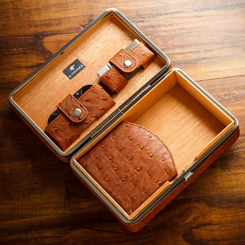 COHIBA кожаная сигарета Humidor 4 пальца Cerdar деревянная коробка для сигар с зажигалкой