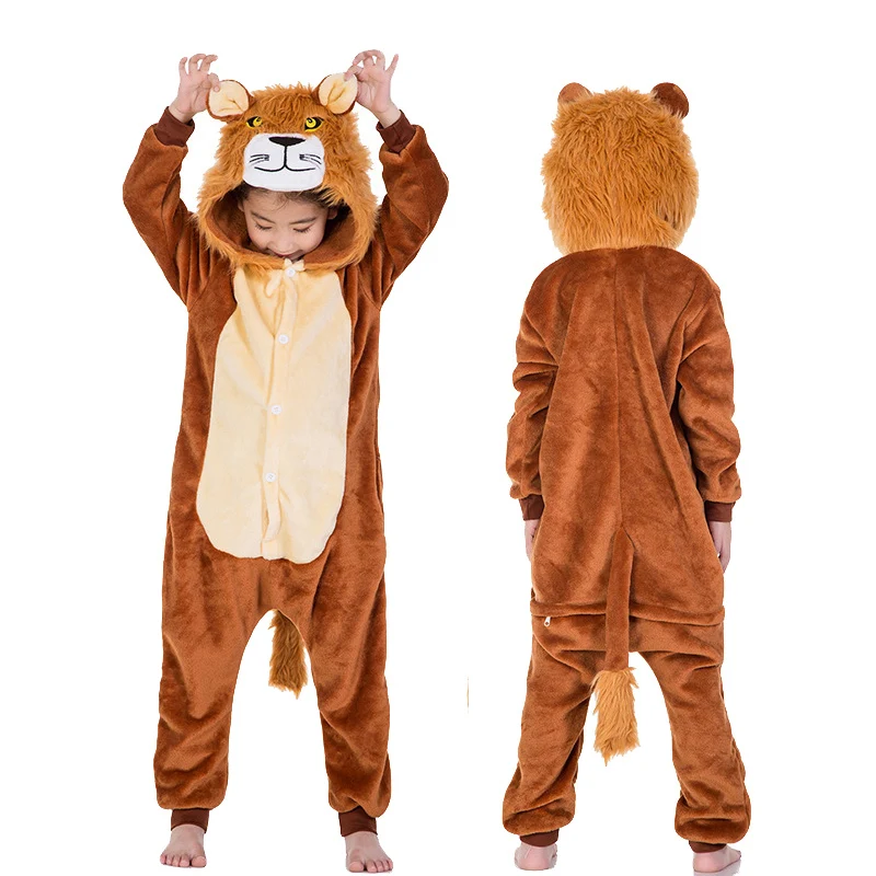 Зимние пижамы кигуруми для мальчиков и девочек; комбинезон с единорогом и аниме-животными; детская одежда для сна; фланелевый теплый комбинезон; детские пижамы - Цвет: Lion