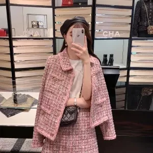 Heydress Осень Зима Женское шерстяное пальто с отложным воротником OL однобортный Жакет женский элегантный комплект из двух предметов - Цвет: pink suit