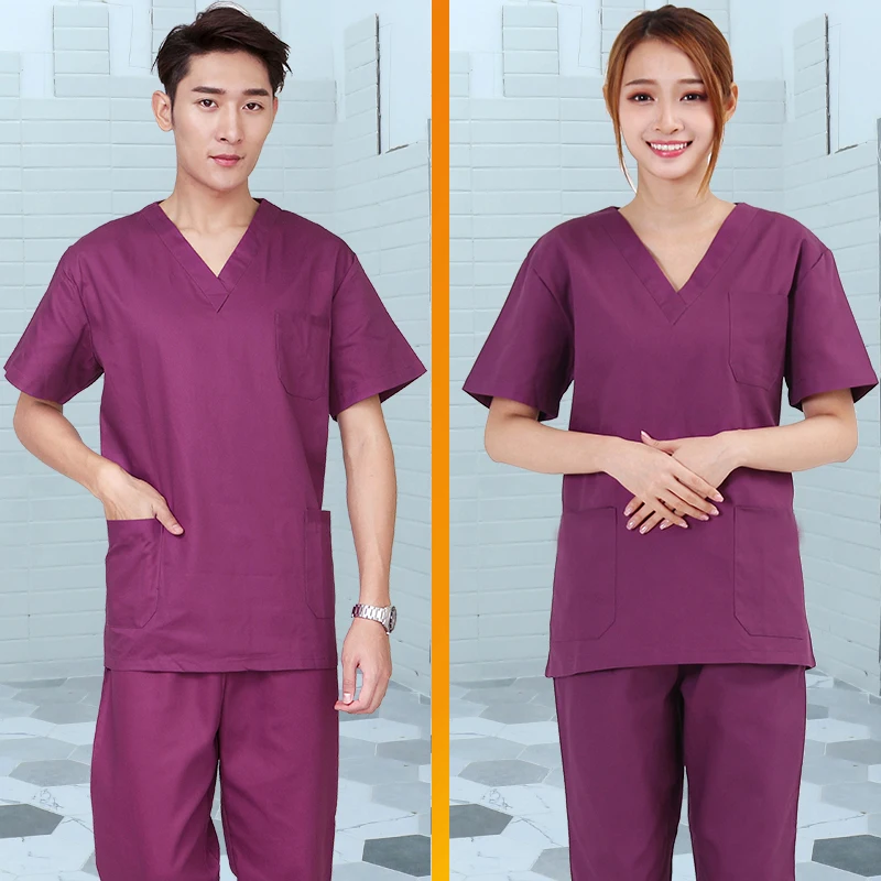 Women Men Medical Clothing Unisex Scrubs Set V-neck Short Sleeve Top + Pants with Elastic Waistline Pure Cotton Workwear