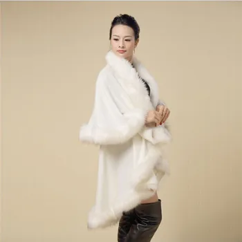 

Elegant Woman Coat Spring Autumn Thick Warm Faux Fur Collar Poncho Cape Thin Stole Wrap Hoody Coat White Overcoat Female N10