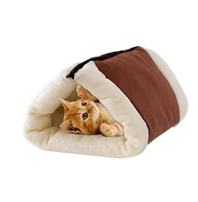 Foldable Warm Cat House Nest 2 in 1 Pet Tunnel Bed Mat Winter Cat Fleece Tunnel Tube Carpets - Color: brown