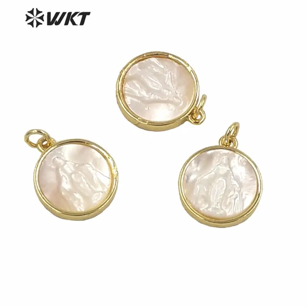 

WT-MP173 Hot sale New design Round shape bezel pendant in gold electroplated white shell virgin mary pendant for necklace making