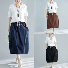 Однотонная юбка Женская Повседневная Свободная прямая юбка Женская хлопковая юбка эластичная талия тонкая юбка Кантри стиль летняя юбка# G3
