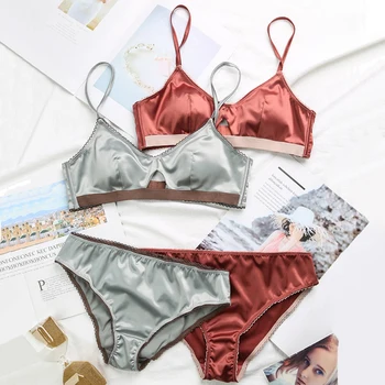 

New Women Underwear Wire Free Satin Bra Thin 3/4 Cups Bra and Panty Set Hollow Lingerie Women Brassiere Bralette