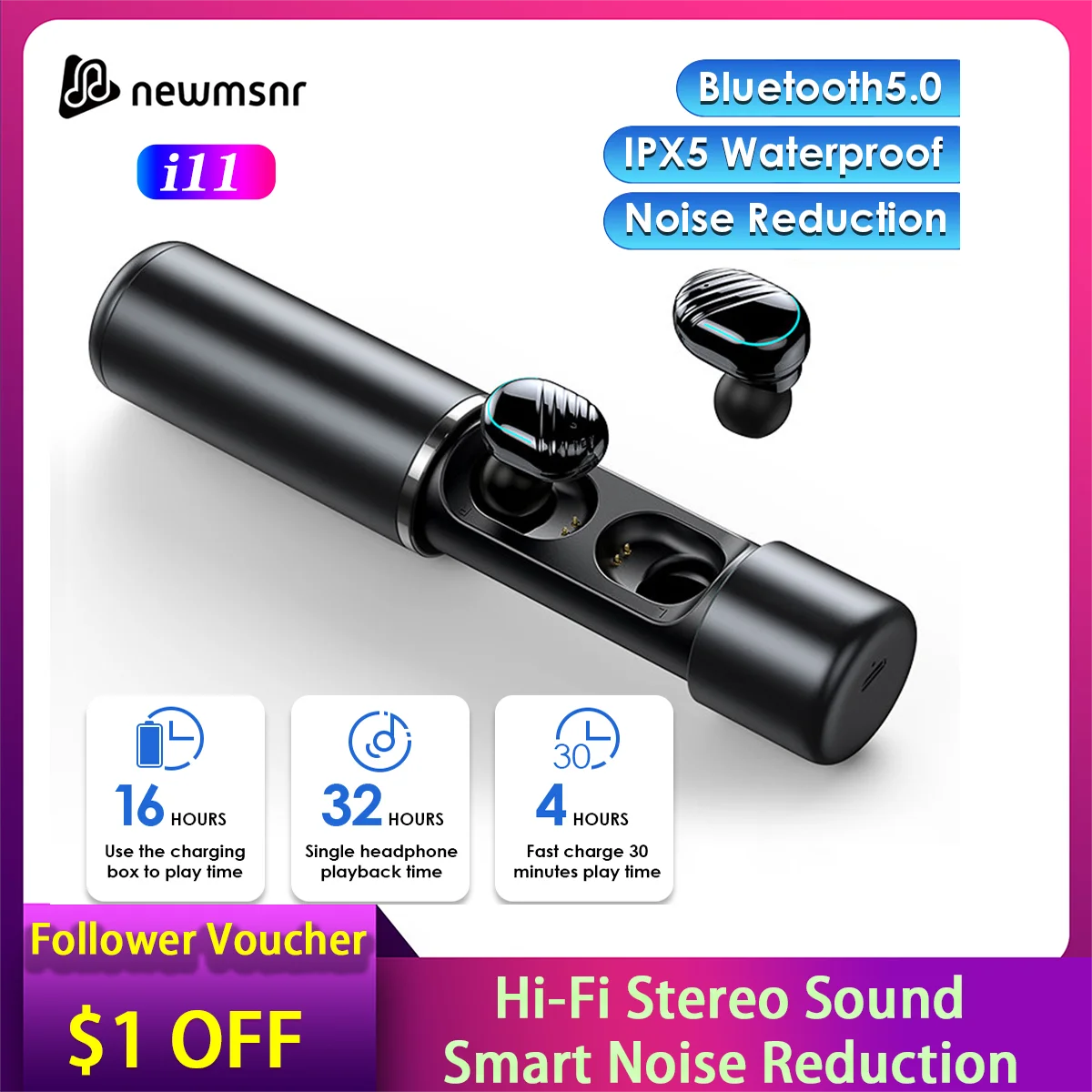 Newmsnr i11 TWS 5,0 Bluetooth наушники 4D стерео беспроводные наушники с двойным микрофоном управление для iphone xiaomi samsung - Цвет: Black