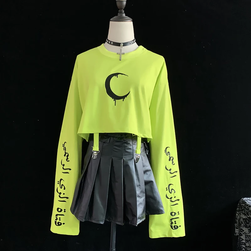 Темная Готическая женская футболка в винтажном стиле с вышивкой Луны и длинным рукавом, Свободный укороченный топ, футболки в стиле панк, уличная одежда, повседневная черная футболка для женщин