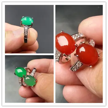 

Natural red and green chalcedony live mouth ring ring opening female ring red and green