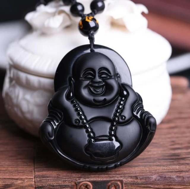 Natural Obsidian Laughing Buddha Pendant Necklace – zenheavens