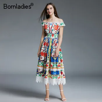 

Bornladies Dresses 2020 High Quality Designer Women Summer Bohemian Floral Printed Lace Patchwork Pleated Midi Dress vestidos